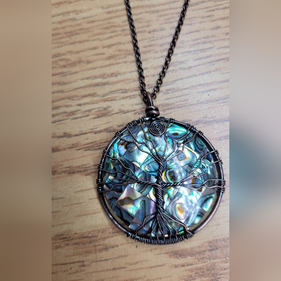 Tree of life intertwined necklace - peacock coloured pendant Bronze colour chain - Picture 1 of 5